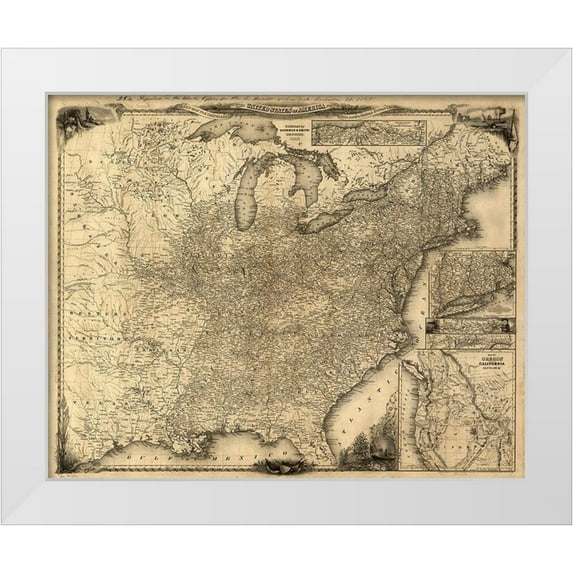 Vintage Maps 24x20 White Modern Wood Framed Museum Art Print Titled - Travelers Map of the United States 1846
