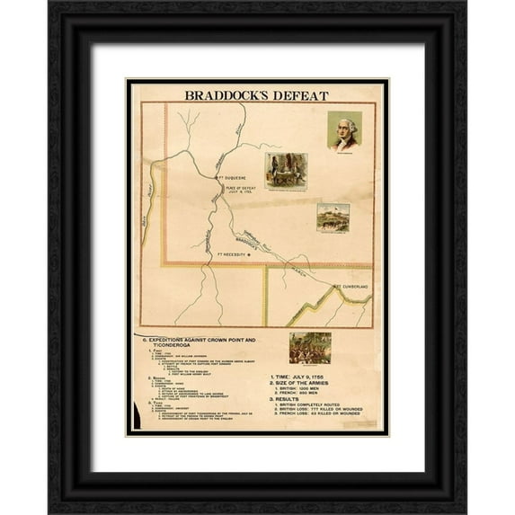 Vintage Maps 24x32 Black Ornate Wood Framed with Double Matting Museum Art Print Titled - Braddocks Defeat
