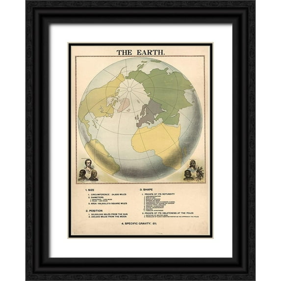 Vintage Maps 24x32 Black Ornate Wood Framed with Double Matting Museum Art Print Titled - Size Shape and Position of the Globe or Earth