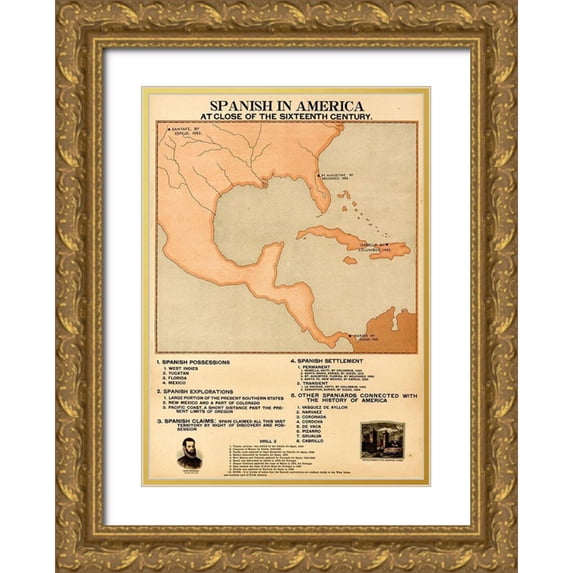 Vintage Maps 24x32 Gold Ornate Wood Framed with Double Matting Museum Art Print Titled - The Spanish in America at the close of the XVIth Century