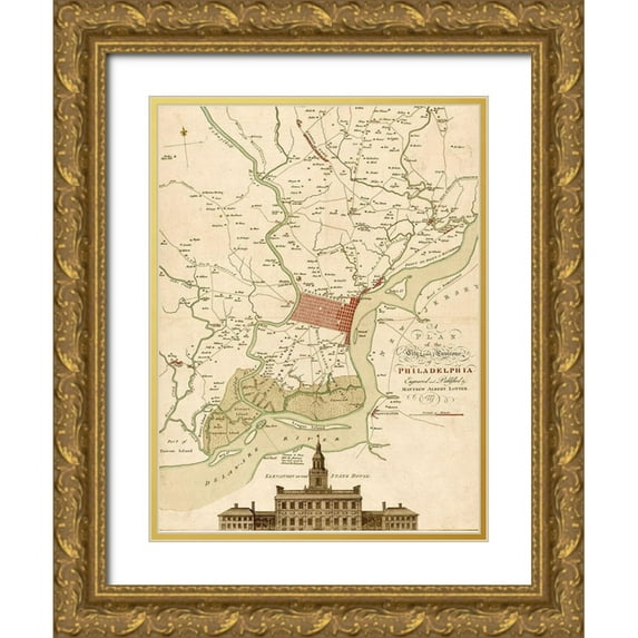 Vintage Maps 25x32 Gold Ornate Wood Framed with Double Matting Museum Art Print Titled - Plan of Philadelphia and its environs 1777