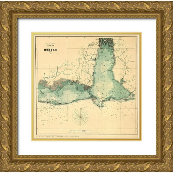 Vintage Maps 26x26 Gold Ornate Wood Framed with Double Matting Museum Art Print Titled - Approaches to Mobile Alabama 1864