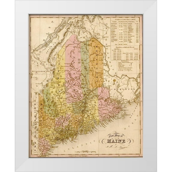 Vintage Maps 26x32 White Modern Wood Framed Museum Art Print Titled - Maine 1844