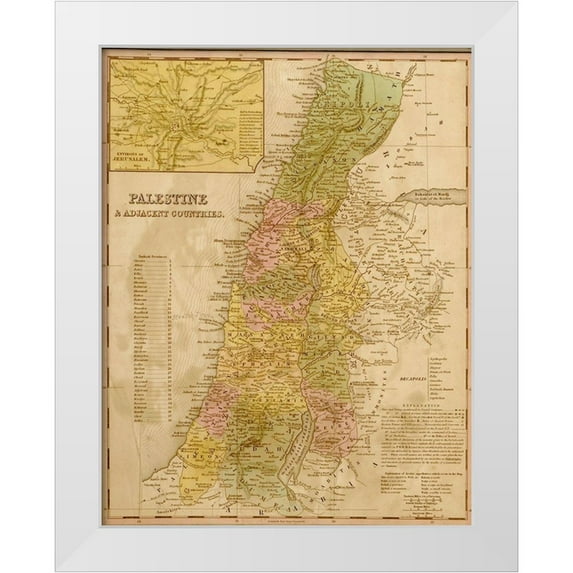 Vintage Maps 26x32 White Modern Wood Framed Museum Art Print Titled - Palestine 1844