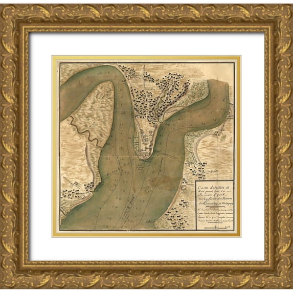 Vintage Maps 27x26 Gold Ornate Wood Framed with Double Matting Museum Art Print Titled - Soundings for Depth of the Hudson Around West Point