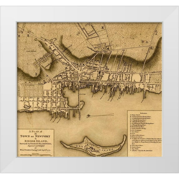 Vintage Maps 28x26 White Modern Wood Framed Museum Art Print Titled - Newport Rhode Island 1777
