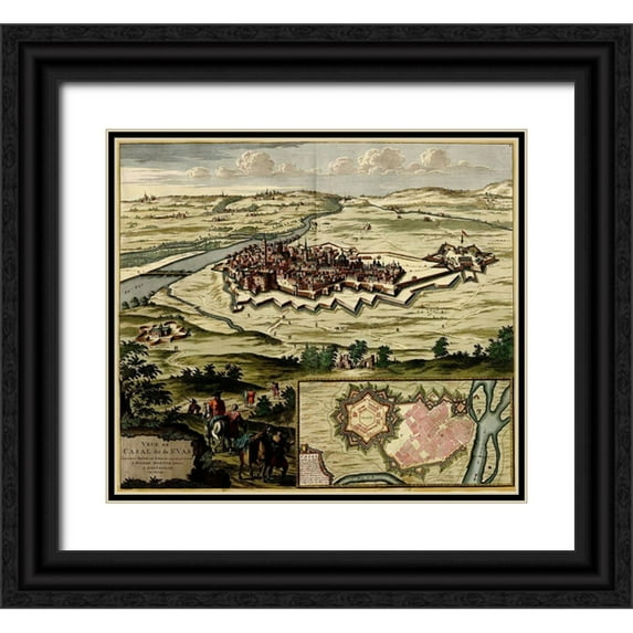 Vintage Maps 29x26 Black Ornate Wood Framed with Double Matting Museum Art Print Titled - Casal on the Po River 1700