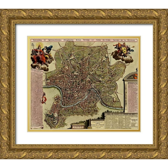 Vintage Maps 30x26 Gold Ornate Wood Framed with Double Matting Museum Art Print Titled - Rome on the Tiber and The Vatican 1700