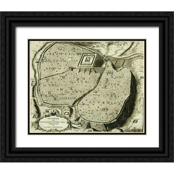 Vintage Maps 31x26 Black Ornate Wood Framed with Double Matting Museum Art Print Titled - Antique Map of Jerusalem