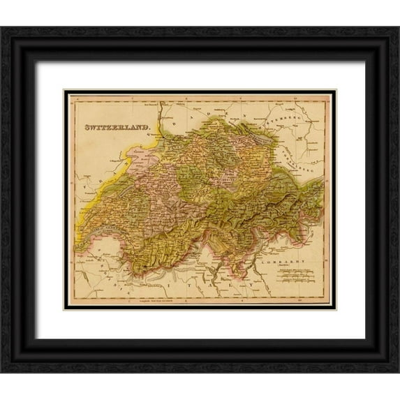 Vintage Maps 31x26 Black Ornate Wood Framed with Double Matting Museum Art Print Titled - Switzerland 1844
