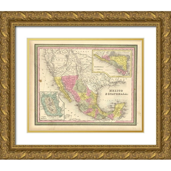 Vintage Maps 31x26 Gold Ornate Wood Framed with Double Matting Museum Art Print Titled - Mexico and Guatamala 1849