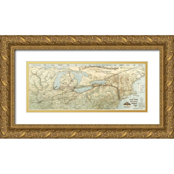 Vintage Maps 32x15 Gold Ornate Wood Framed with Double Matting Museum Art Print Titled - New York Central and Hudson River R R across the North 1893