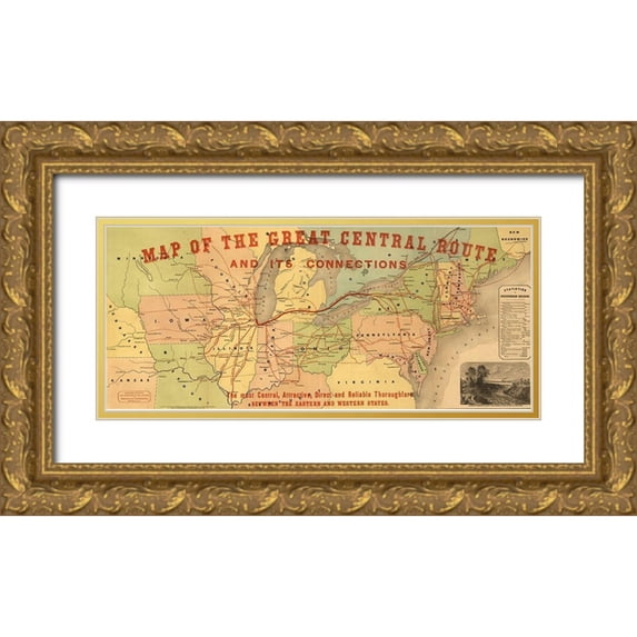 Vintage Maps 32x16 Gold Ornate Wood Framed with Double Matting Museum Art Print Titled - Great Central Route and Connections 1855