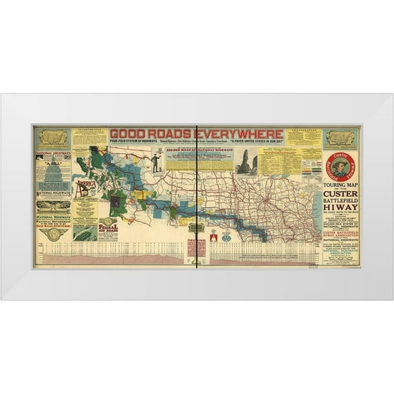 Vintage Maps 32x16 White Modern Wood Framed Museum Art Print Titled - Good Roads Everywhere A Touring Map of the Custer Battlefield Highway 1925