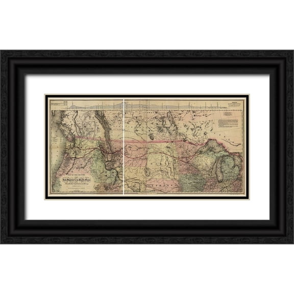 Vintage Maps 32x18 Black Ornate Wood Framed with Double Matting Museum Art Print Titled - Lake Superior to the Pacific Ocean 1867