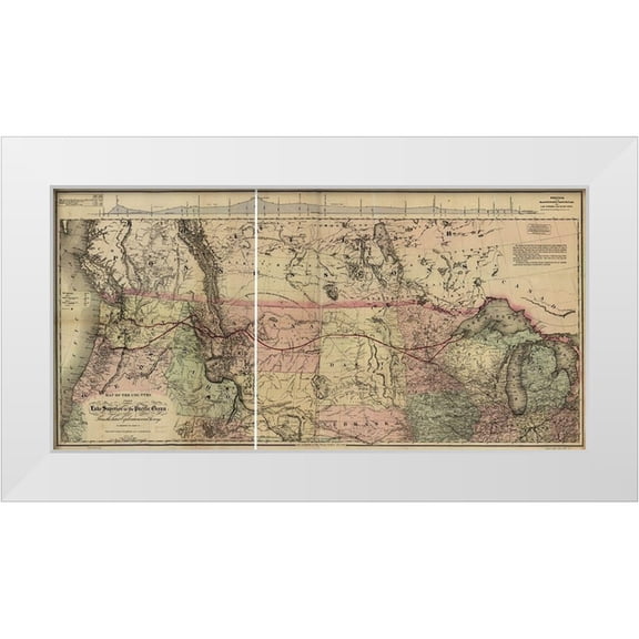 Vintage Maps 32x18 White Modern Wood Framed Museum Art Print Titled - Lake Superior to the Pacific Ocean 1867