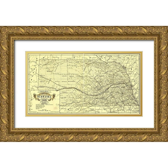 Vintage Maps 32x19 Gold Ornate Wood Framed with Double Matting Museum Art Print Titled - Nebraska 1889