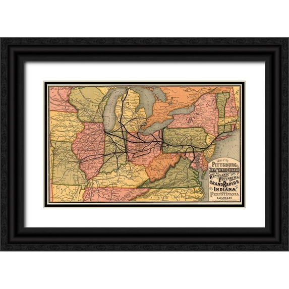 Vintage Maps 32x21 Black Ornate Wood Framed with Double Matting Museum Art Print Titled - Pittsburgh Fort Wayne and Chicago Cleveland and Pittsburgh Grand Rapids and Indiana and Pennsylvania