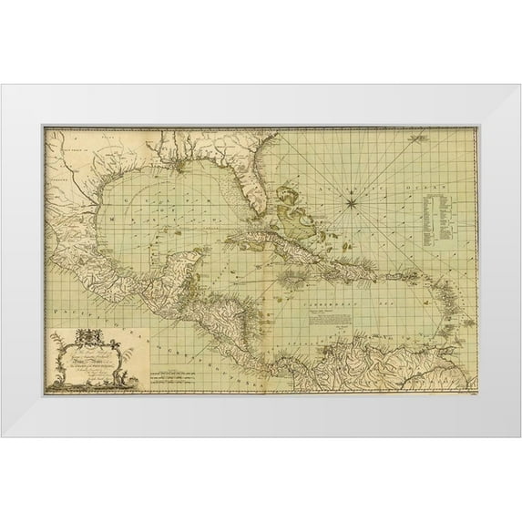 Vintage Maps 32x21 White Modern Wood Framed Museum Art Print Titled - Chart of the West Indies 1796