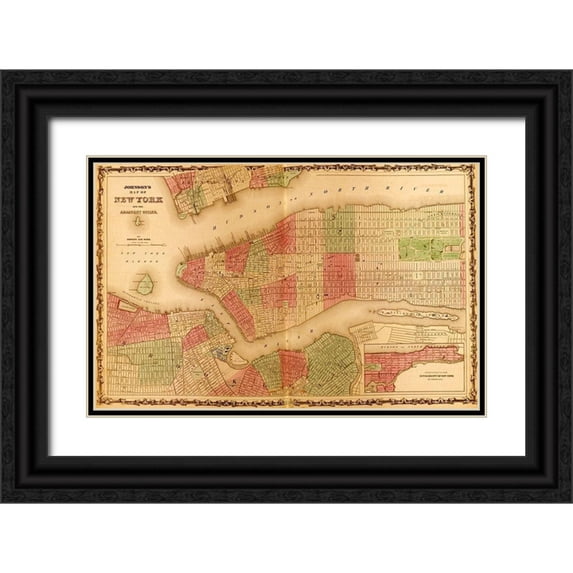 Vintage Maps 32x22 Black Ornate Wood Framed with Double Matting Museum Art Print Titled - Manhattan Island 1862