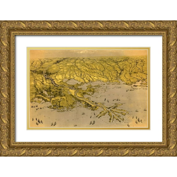 Vintage Maps 32x22 Gold Ornate Wood Framed with Double Matting Museum Art Print Titled - Birds eye view of Louisiana Mississippi Alabama and part of Florida 1861