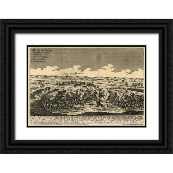 Vintage Maps 32x23 Black Ornate Wood Framed with Double Matting Museum Art Print Titled - Battle of Fort Constitution 1777