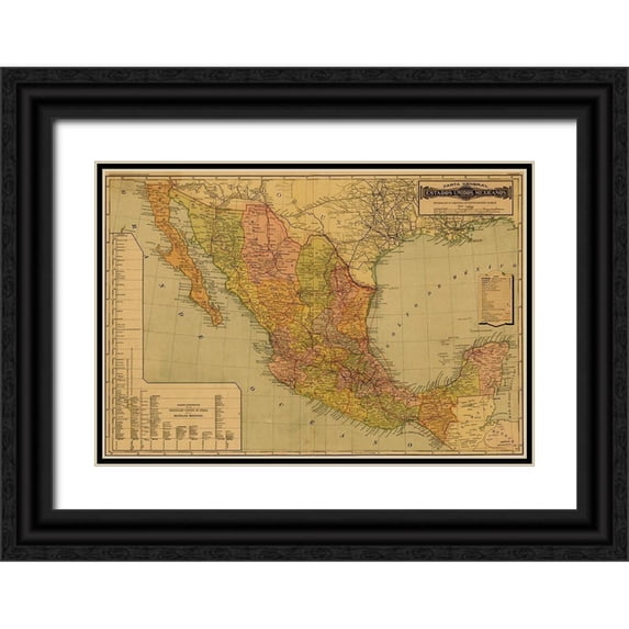 Vintage Maps 32x23 Black Ornate Wood Framed with Double Matting Museum Art Print Titled - Mexico