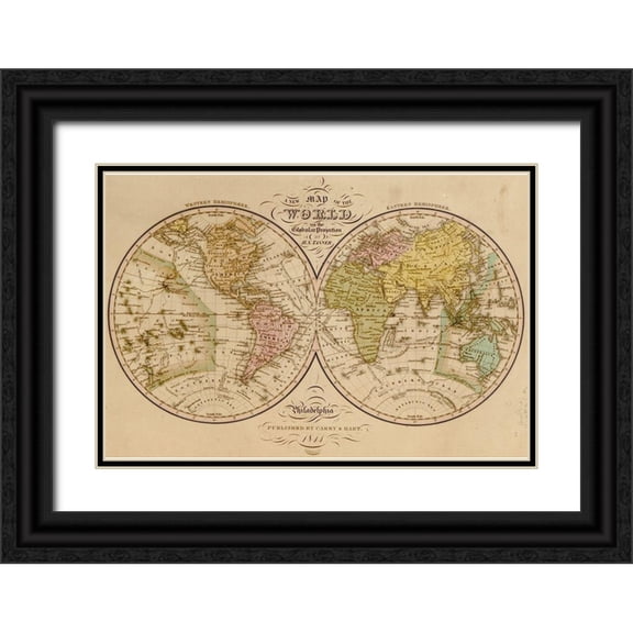 Vintage Maps 32x23 Black Ornate Wood Framed with Double Matting Museum Art Print Titled - World Map 1844