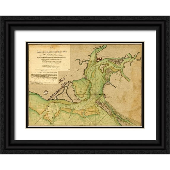 Vintage Maps 32x24 Black Ornate Wood Framed with Double Matting Museum Art Print Titled - Charlestown Harbor after capture by the British