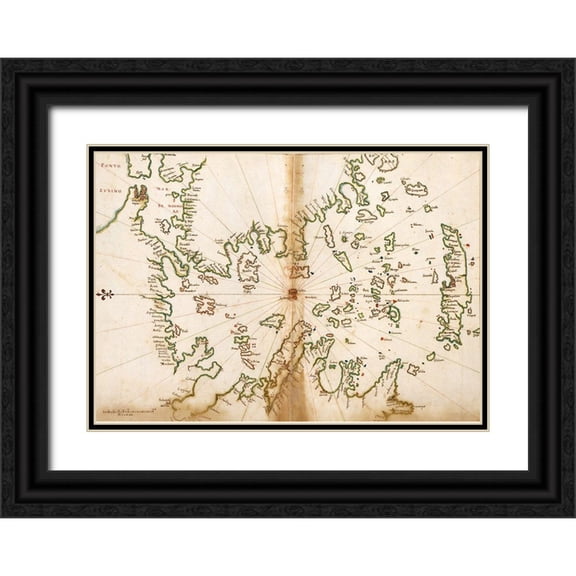 Vintage Maps 32x24 Black Ornate Wood Framed with Double Matting Museum Art Print Titled - Portuguese map of Greece and The Agean Sea 1630