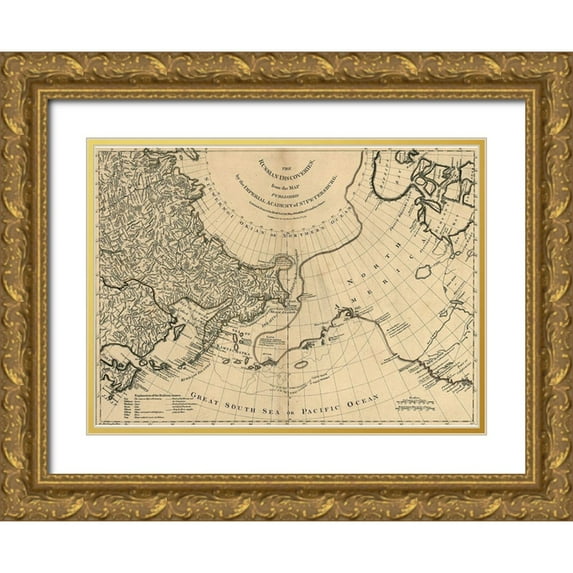 Vintage Maps 32x24 Gold Ornate Wood Framed with Double Matting Museum Art Print Titled - Russian Discoveies 1775