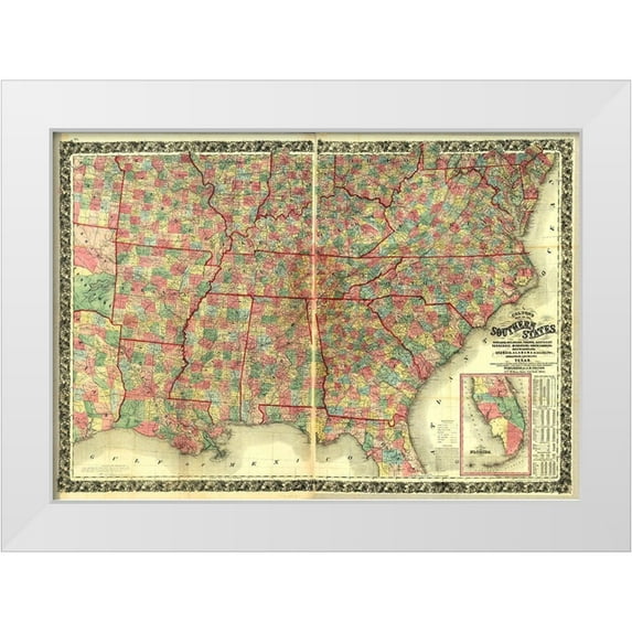 Vintage Maps 32x24 White Modern Wood Framed Museum Art Print Titled - Southern States