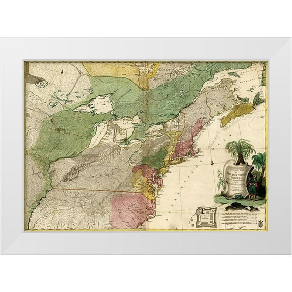 Vintage Maps 32x24 White Modern Wood Framed Museum Art Print Titled - Theatre of War in North America 1755