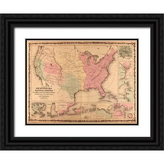 Vintage Maps 32x25 Black Ornate Wood Framed with Double Matting Museum Art Print Titled - Military Map of the United States 1862