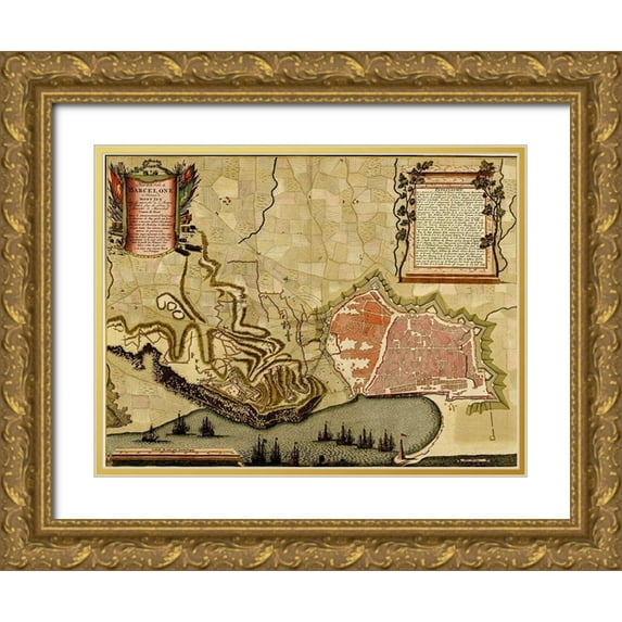 Vintage Maps 32x25 Gold Ornate Wood Framed with Double Matting Museum Art Print Titled - Barcelona Spain Defenses 1700