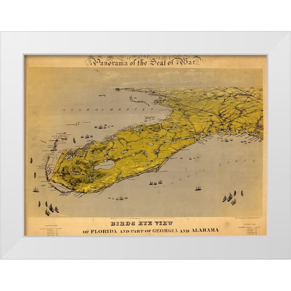 Vintage Maps 32x25 White Modern Wood Framed Museum Art Print Titled - Birds eye view of Florida and part of Georgia and Alabama 1861