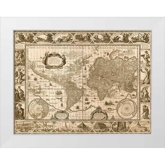 Vintage Maps 32x25 White Modern Wood Framed Museum Art Print Titled - World Map 1606