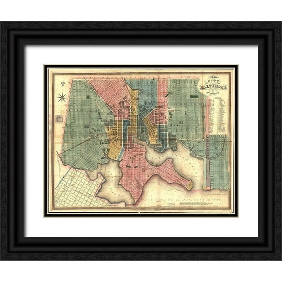 Vintage Maps 32x26 Black Ornate Wood Framed with Double Matting Museum Art Print Titled - Baltimore Maryland 1836