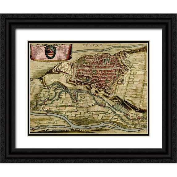 Vintage Maps 32x26 Black Ornate Wood Framed with Double Matting Museum Art Print Titled - City of Cuneo 1700