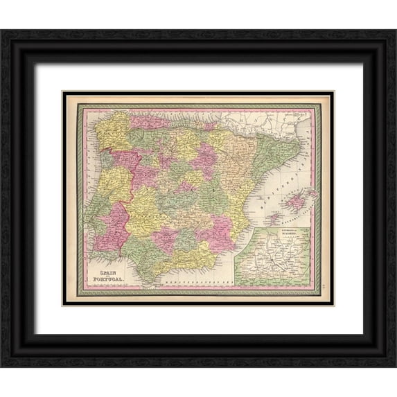 Vintage Maps 32x26 Black Ornate Wood Framed with Double Matting Museum Art Print Titled - Spain and Portugal 1849