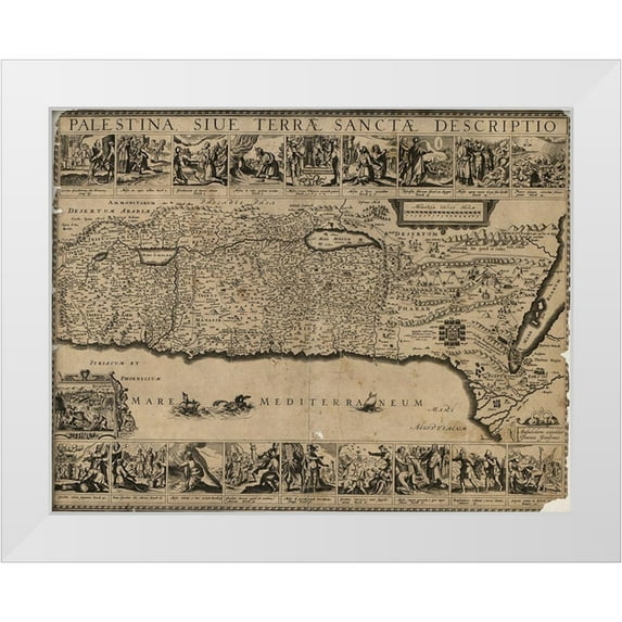 Vintage Maps 32x26 White Modern Wood Framed Museum Art Print Titled - Holyland Land Palestine 1650