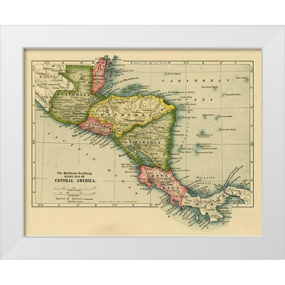 Vintage Maps 32x26 White Modern Wood Framed Museum Art Print Titled - Panama Costa Rica Hondouras Guatamala Salvador British Honduras 1902