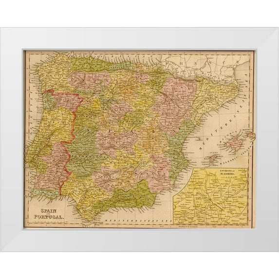 Vintage Maps 32x26 White Modern Wood Framed Museum Art Print Titled - Spain and Portugal