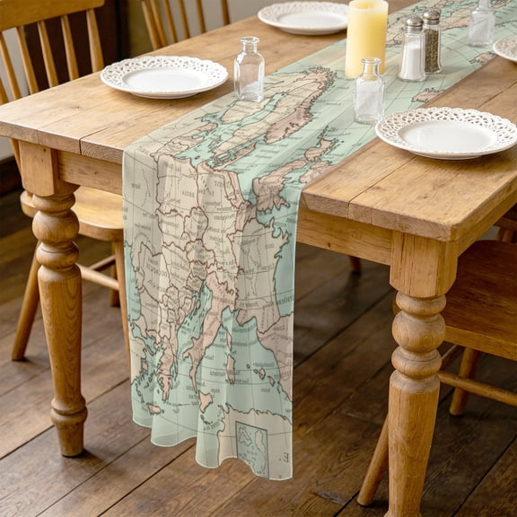 Vintage Maps 4.5ft Cheesecloth Table Runner for Dining 19"x55", Oceans Lands Europe Country Retro Style Kitchen Dinner Sheer Tulle Chiffon Dresser Scarf, Holiday Party Decorations
