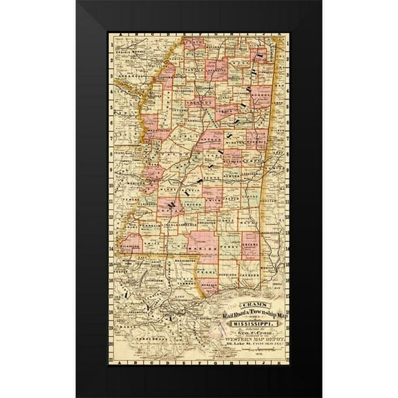Vintage Maps 9x14 Black Modern Framed Museum Art Print Titled - Mississippi State 1878