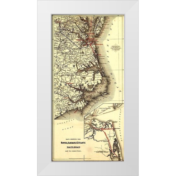 Vintage Maps 9x14 White Modern Wood Framed Museum Art Print Titled - Norfolk Albermarle and Atlantic Railroad 1891