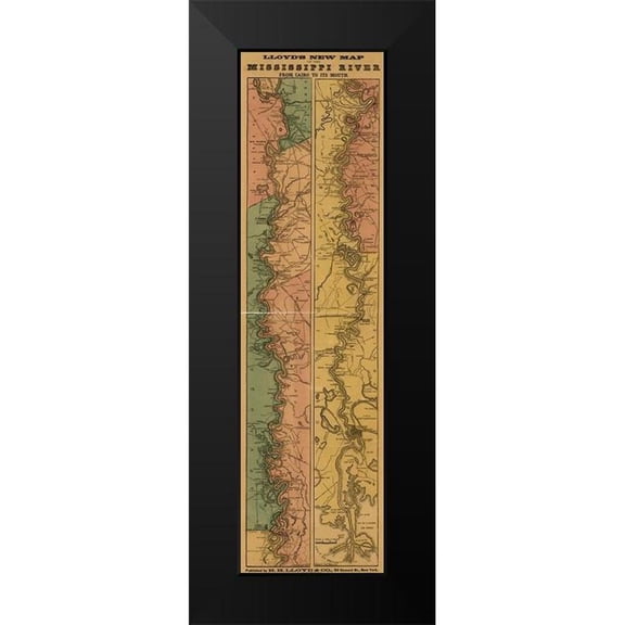 Vintage Maps 9x24 Black Modern Framed Museum Art Print Titled - Mississippi River from Cairo to its mouth 1863