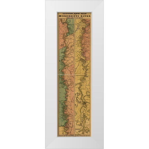 Vintage Maps 9x24 White Modern Wood Framed Museum Art Print Titled - Mississippi River from Cairo to its mouth 1863