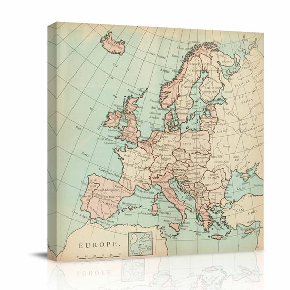 Vintage Maps Canvas Wall Art for Living Room, Oceans Lands Europe Country Retro Style Poster Print Painting for Bedroom Office Home Decoration Wall Pictures Prepare To Hang 8"x8"