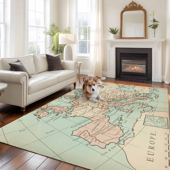 Vintage Maps Large Area Rugs 5x8 ft Oceans Lands Europe Country Retro Style Washable Rug Non Slip Indoor Carpet Absorbent Floor Mat for Living Room Bedroom Dining Room